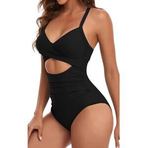 Eomenie Black One Piece Swimsuit Medium Tummy Control Cutout Criss Cross Back